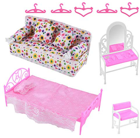 Felenny 8 Stück Prinzessin Möbel Zubehör Kommode Set + Sofa Set + Bett Set + Kleiderbügel für Schlafzimmer Barbie Puppe