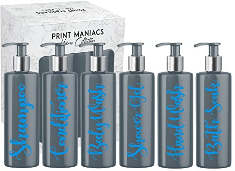 Print Maniacs Grey Mrs Hinch Inspired Personalised 500ml Pump Bottles Bathroom Lotion Kitchen Set Shampoo Conditioner Body Wash (Set 6) (Blue)