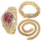 Halukakah Diamant Golduhr, Herren 18K Echt Vergoldet 42MM Breite Rot Wählen Quarz Armband 24cm mit Kubanischer Link Kette 20+45cm Halskette Armband Set, mit Geschenkbox
