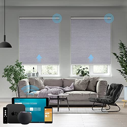 SmartWings Motorized Roller Shade Work with HomeKit, 100% Blackout Auto Window Blinds, Smart Home Cordless Remote Control, Rechargeable Motor, Light Grey,Maxium Height 72 inch, Width 39 inch
