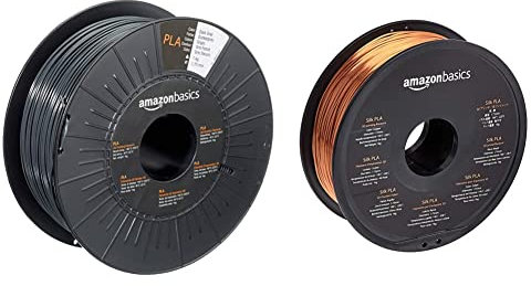Amazon Basics 3D-Drucker-Filament aus PLA-Kunststoff, 1,75 mm, Dunkelgrau, 1-kg-Spule & 3D-Drucker-Filament aus SILK-PLA-Kunststoff, 1,75 mm, 1-kg-Spule, kupferfarben