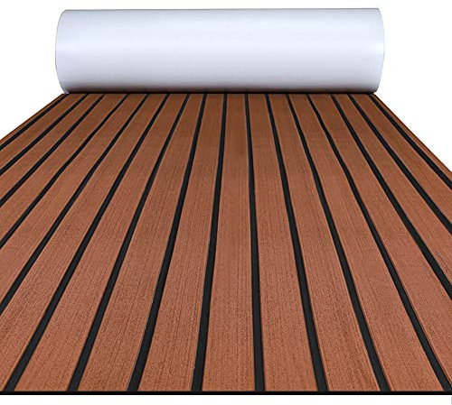 FOCEAN Boat Flooring EVA Foam Boat Decking, Faux Teak Marine Mat Boat Carpet Sea Deck Marine Flooring for Motorboat RV Yacht Kayak Surfboard, 94.5''x 15.7'', Dark Brown+Black Lines