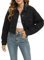 Gacaky Women's Ripped Distressed Button Up Puff Sleeve Cropped Denim Jacket, Black, Small