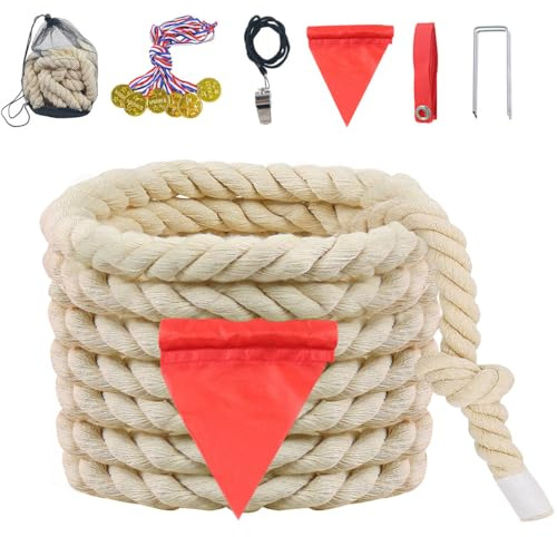 Tug of War Rope for Kids and Adults, Natural Twisted Cotton, 1 Diameter, 20 Feet, Outdoor Games Set, Birthday Party Game, Field Day Family Reunion Activity