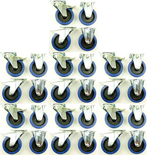 7 Satz 125mm Blue Wheels Lenkrollen mit Bremse/Feststellbremse + Bockrollen, Transportrollen Blau, 200kg / Rad - INDUSTRIEQALITÄT (14x Brems + 14x Bock)