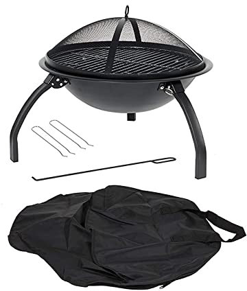 Griglia per barbecue con braciere all'aperto - Camino da esterno in metallo include poker e borsa rotonda - per fornello da barbecue da giardino, cortile, campeggio