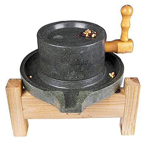 Grain Grinder Handcrafted household grain hand mill, natural granite stone grinder, hand stone grinder, natural wheat paste mill with wooden frame with wooden(7.87inch*11.8inch) (black)