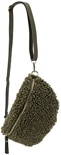 SH Leder ® Teddy Plüsch Hüfttasche Damen Gürteltasche für Festival Reise Bauchtasche mittelgroße Crossbody Bag Frauen mit echt Leder Schultergurt 27x16cm Kate G358 (Olivgrün, M)