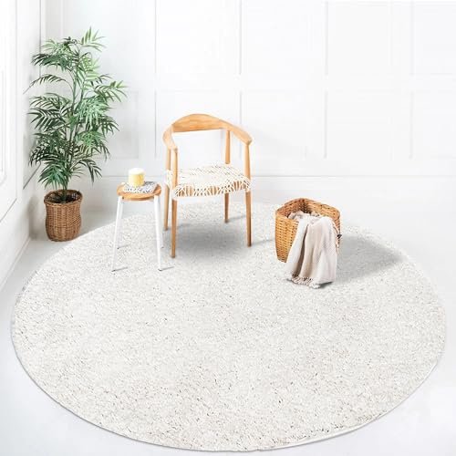 payé Teppich Rund Hochflor Shaggy - 200x200cm - Creme Einfarbig Uni Flauschig Modern Boho Wohnzimmer Schlafzimmer Deko Teppiche Weich Schlafzimmer