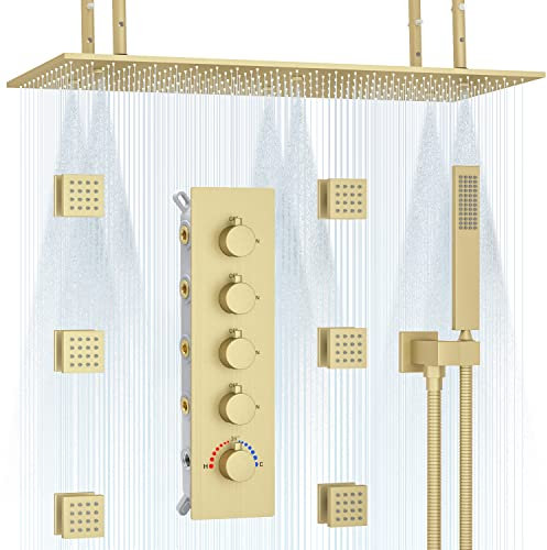 Delnet Rain Shower System Brushed Gold Thermostatic Luxury 16x32 Inch Rainfall Mist Shower System with Body Jets Concealed Shower Mixer Set