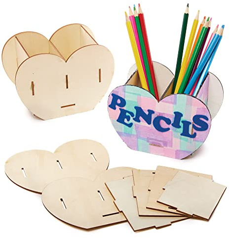 Baker Ross FX498 Heart Wooden Pen Pot Kits - Pack of 3, Valentines Wood Craft Kits for Kids