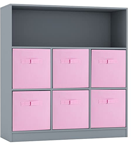 URBNLIVING Wooden Wide 7 Cubed Cupboard Bookcase Storage Units Shelves 6 Drawers Baskets (Light Pink Drawer, Grey Bookcase)