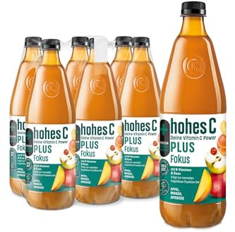 hohes C PLUS Fokus (6 x 1l), 100% Saft, Apfel, Mango, Aprikose, Vitamin C, PLUS an Eisen & B-Vitaminen, ohne Zuckerzusatz laut Gesetz, vegan, mit recyceltem PET