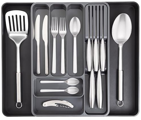 nuovva Cutlery Drawer Organiser – Adjustable Utensil Tray for Drawers – Expandable Cutlery Set Holder – Compact Drawer Divider for Knives, Forks and Spoons – Black & Grey