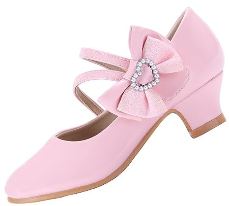 EIGHT KM Girls High Heel Dress Shoes Mary Jane Wedding Party Pump Princess Shoes EKM7035 Patent Leather Heart Pearl Bow Pink UK Big Kid Size 5