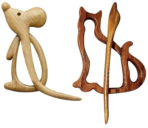 Jolie broche en bois en forme de chat et de souris, broche mignonne avec motif animal en bois, broche en bois pour pull, châle, écharpe, fermoir à boucle