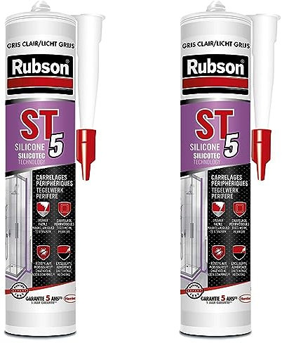 RUBSON ST5, Mastic sanitaire spécial carrelages périphériques, Joint silicone à base aqueuse sans odeur, anti-moisissures, Coloris gris clair, cartouche 300ml (Lot de 2)