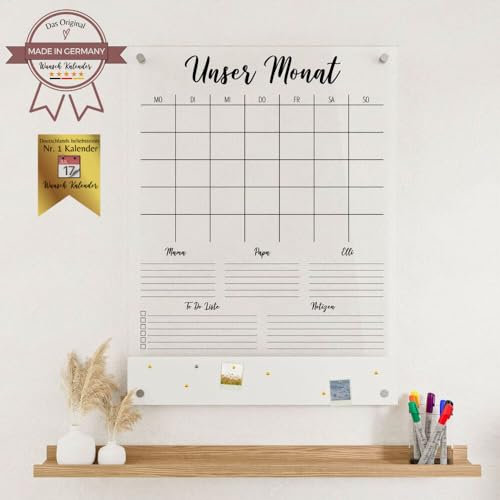 Wunsch Kalender - personalisierter Wandkalender - Hochkant 3-Namen Familienplaner mit Magnetboard - wiederverwendbarer Kalender aus Acrylglas - Familienplaner abwischbar - Hingucker für jeden Raum