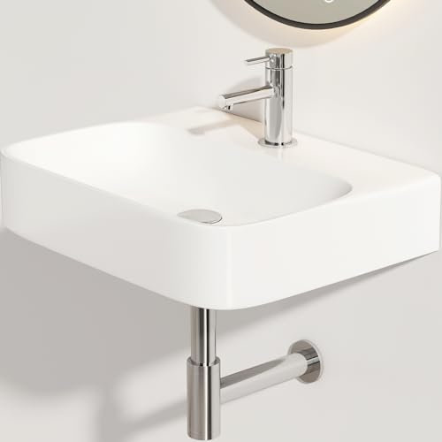 EMKE Waschbecken Aufsatzwaschbecken, Hängewaschbecken für Badezimmer & Gäste WC 60 x 48 x 14 cm, Handwaschbecken Waschtisch Bad Eckig Waschbecken Klein Waschschalen Wandwaschbecken Weiß