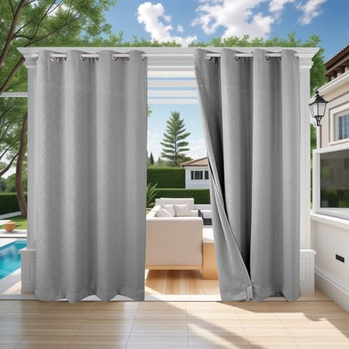 ele ELEOPTION Rideau Extérieur Imperméables Protéger Contre UV Isolants Thermiques, avec Perforations, Adaptés aux Jardins, Terrasses, Pergola, Balcons, Texturé 3D Gris Clair, 1 Pièce / 132 X 240cm