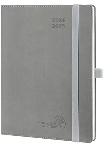 POPRUN Kalender 2025 Wochenplaner (Aug.2024-Dez.2025) Softcover mit PU-Leder, ca. A5 (22 x 16,5 cm), 17-Monate-Terminplaner 2025 1 Woche 2 Seite mit Zertifiziertem Papier - Grau