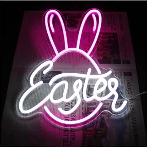YAMO DUDO Panneau Lumineux Néon en Forme De Lapin De Pâques, Œuf De Pâques Rose, LED, for Décoration Murale, Veilleuse en Forme De Lapin, for La Décoration du Jour De Pâques