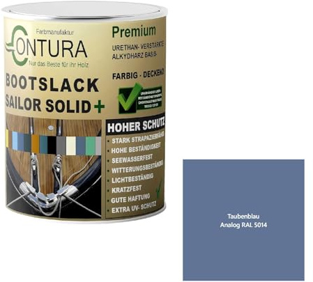 Contura Bootslack Farbig SEIDENMATT Yacht- Buntlack Metall Holz GFK Holzlack Boot Farblos (Taubenblau - RAL 5014 Analog, 500ml.)