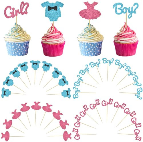 ANTHYTA 36 Stück Jungen oder Mädchen Cupcake Toppers Glitter Blau und Rosa Boy or Girl Tortendeko Kuchen Deko Gender Reveal Cake Topper Baby Shower für Geburtstag Taufe Babyparty Kinderparty
