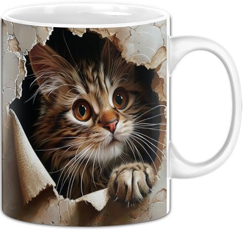 Trendation - Katze 3D Tasse Kaffee-Becher Geschenkidee Baby Katze Aus Wand Loch Becher Mit 3D Motiv (Weiß)
