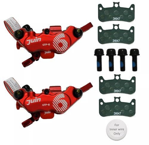 JUIN TECH GTP-6 6 Pistons MTB eBike CX Hydraulic Disc Brake Caliper Set (F+R), Red, JT2739