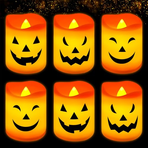 TOPJOWGA LED Flammenlose Kerzen, 6 Stück Kürbis Kerzen mit Verschiedenen Ausdrücken, Batterie Dekoration für Halloween Party