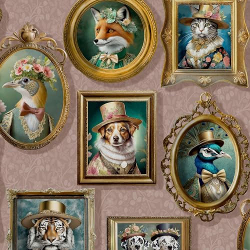 Regal Beasts Animal Prints in Picture Frames in Victorian Style Costumes Wallpaper Perfect for Feature Walls, Bedrooms, Contemporary Modern Walldecoration Pink Holden 13793