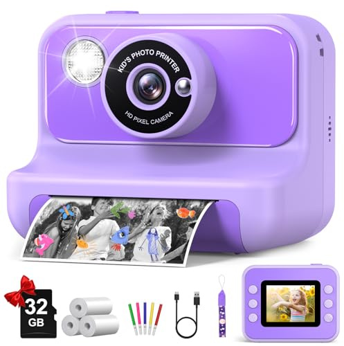 Kids Camera Instant Print, Christmas Birthday Gifts for Girls and Boys, 1080P HD Video Digital Kids Camera with 32G Card, Toddler Camera for 3-12 Years Old, Purple