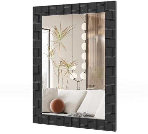 COSTWAY 80 x 60cm Wandspiegel aus Gummibaumholz mit Massivholzrahmen, Badspiegel vertikale & horizontale Aufhängung, rechteckiger Kosmetikspiegel für Wohnzimmer, Badezimmer, Eingang