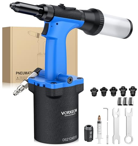 VORXEON Remachadora Neumática con 5 Boquillas 2.4/3.2/4/4.8/6.4mm 1400KGF 360° Boquilla de Aire, Pistola de Remachadora Hidraulica Autocebante para Automóviles Coche Garaje Barco