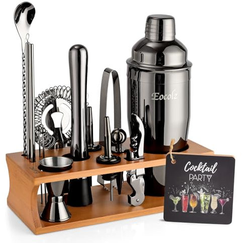 Eocolz Cocktail Shaker Kit, INOX Ensembles de Bar Cocktail Set, 17Pièces Cocktails Ensemble-Cadeau, Shaker à Cocktail Kit Barman avec Cadre en Bois (Marron Noir)