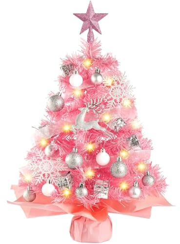 Mini Weihnachtsbaum mit Beleuchtung LED, Tisch Weihnachtsbaum, 61CM, Rosa | Künstlicher Weihnachtsbaum, Tisch Weihnachtsbaum klein für Home Party Büro Tischdeko Weihnachts Deko