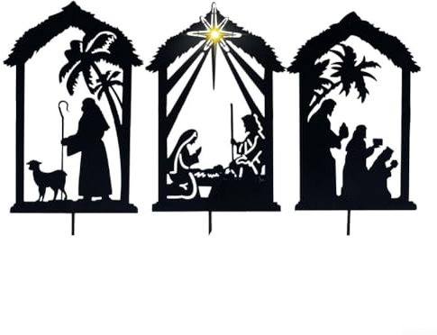YUANGANG Weihnachtskrippen-Set aus Metall mit Heringen, Silhouette, Hofschild, Krippe, Silhouette, Hofschild, wunderschön gestaltete Outdoor-Dekoration für Weihnachten (D)