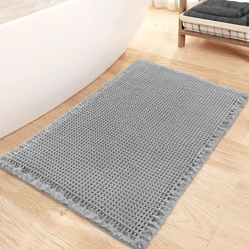 Mavicen Waffle Badematte rutschfest, Weich Flauschig Badezimmerteppich Boho, Saugfähige Mikrofaser Badvorleger, maschinenwaschbare Badteppich für Dusche, Badewanne und Toilette - 46x77cm, Grau