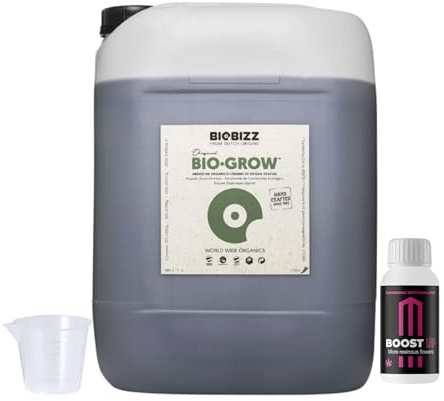 GROWMANIA Bio Grow von BioBizz 5L + Probe Boost Up + Messbecher | Biogrow organischer Dünger für umfangreiches Wachstum | Ideal für große Gärten und Obstgärten
