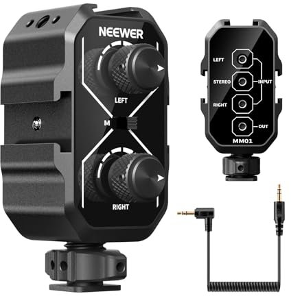 Neewer MM01 Dual Channel Microphone Audio Mixer Adapter with 3.5mm TRS Cable, Stereo/Mono Switch, Cold Shoe Mounts for DSLR Camera, Smartphones, Battery Powered Microphones for Video Recording