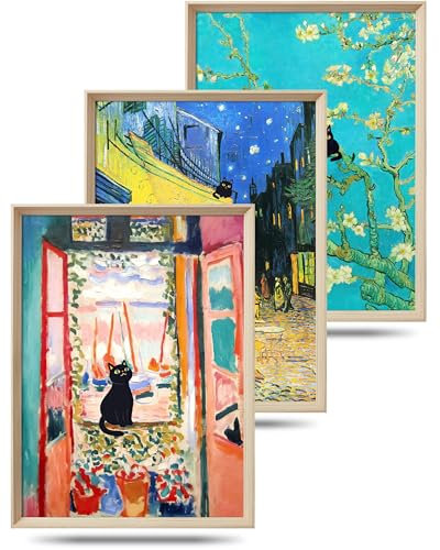 UPWOIGH Leinwandbild, Motiv: schwarze Katzen, 30,5 x 40,6 cm, Motiv: Henri Matisse und Van Gogh, lustige, niedliche Tierbilder für Wohnzimmer, Badezimmer, Geschenke