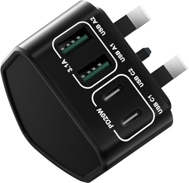USB C Plug,40W 4-Port Fast Charger Plug Adaptor UK for iPhone 17 16 15 14 13 12 Pro Pro Max Plus, Samsung, Google, iPad, Dual PD Power Adapter + QC USB Wall Charger, Multi Type C Charging Plug