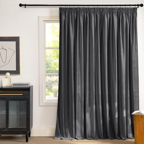 PONY DANCE Samt Vorhang Wohnzimmer Extra Breite Gardine mit Kräuselband | 1er Set, H240 x B300 cm, Grau, 300g/m², Vorhänge Abdunkelnd, Schwerer Vorhang Hitzeschutz, für Schiene, für Schlafzimmer
