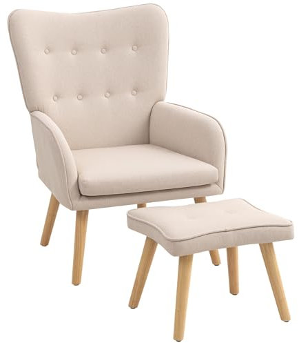 HOMCOM Fauteuil avec Pouf Fauteuil de Lecture avec Dossier Haut Capitoné Pieds en Bois et Tapisserie en Lin pour Salon Chambre à Coucher Bureau Beige