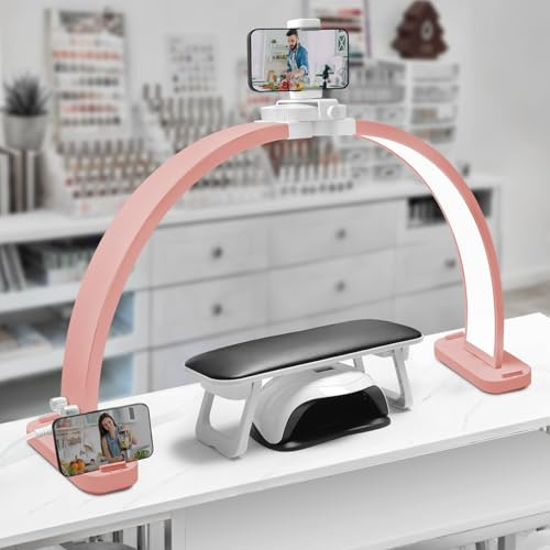 CGBE Desktop Halbmondlampe für Nägel mit Handyhalter für Nageltechniker | 30 Zoll - 45 W - 3000-6500K Dimmbar Mit 3 Farbmodi - Faltbare Tischlampe für Kosmetiker Maniküre Tattoo - Rosa