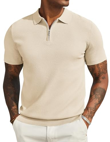 COOFANDY Herren Poloshirt Kurzarm Sommer Strick Polo T-Shirts mit Reißverschluss Männer Polohemd Golf Shirt Khaki L