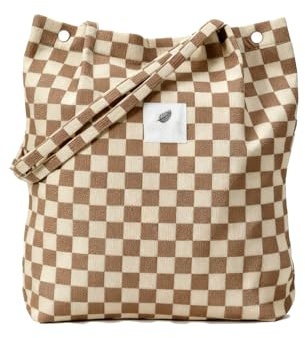 Smiley Tote Bag, Groß Umhängetasche, Damen Kosmetiktasche, 30*35CM | Damen Cord Schultertasche, Gesicht Waschbeutel Cord Tasche Crossbody Reise Tragbare Kosmetiktasche (Braunes Karomuster)