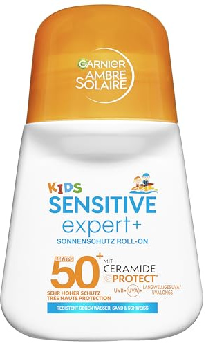 Garnier Ambre Solaire Kids Sensitive expert+ Sonnenschutz Roll-On LSF 50+ – Sonnencreme für Kinder & Babys – Wasserfest, sandresistent & mit Ceramide-Protect – Handliches Taschenformat – 50ml