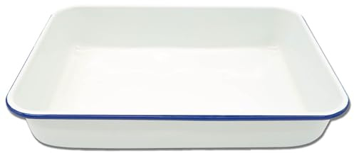 Zenker Enamel Large Roasting Dish, Vintage Design, Roasting Tin, 40cm | For Roasts Pies and Pastries, Easy to Clean, Oven Safe Up To 230 Degrees Celsius, PTFE and PFOA Free 40x28.5cm White and Blue